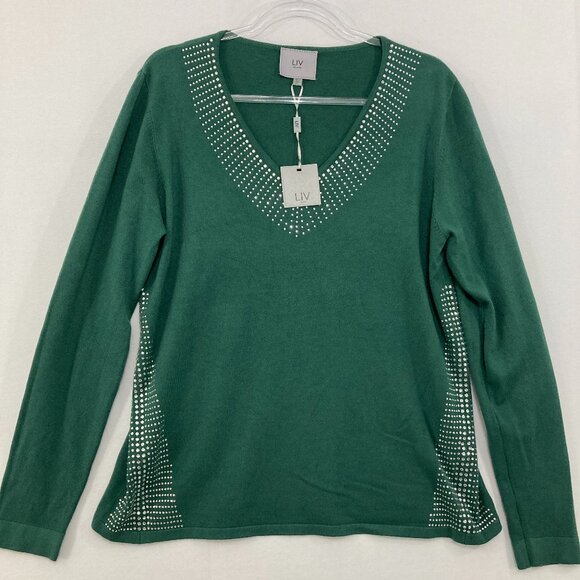 New Liv Milano Large V Neck Green Embellished Long Sleeve Knit Light Sweater - Picture 1 of 10